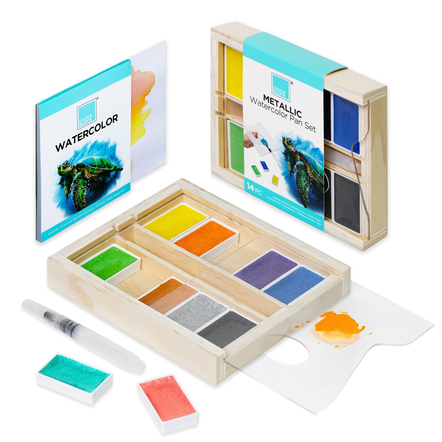 【COLOUR BLOCK】14PCS 金屬色半乾木盒水彩