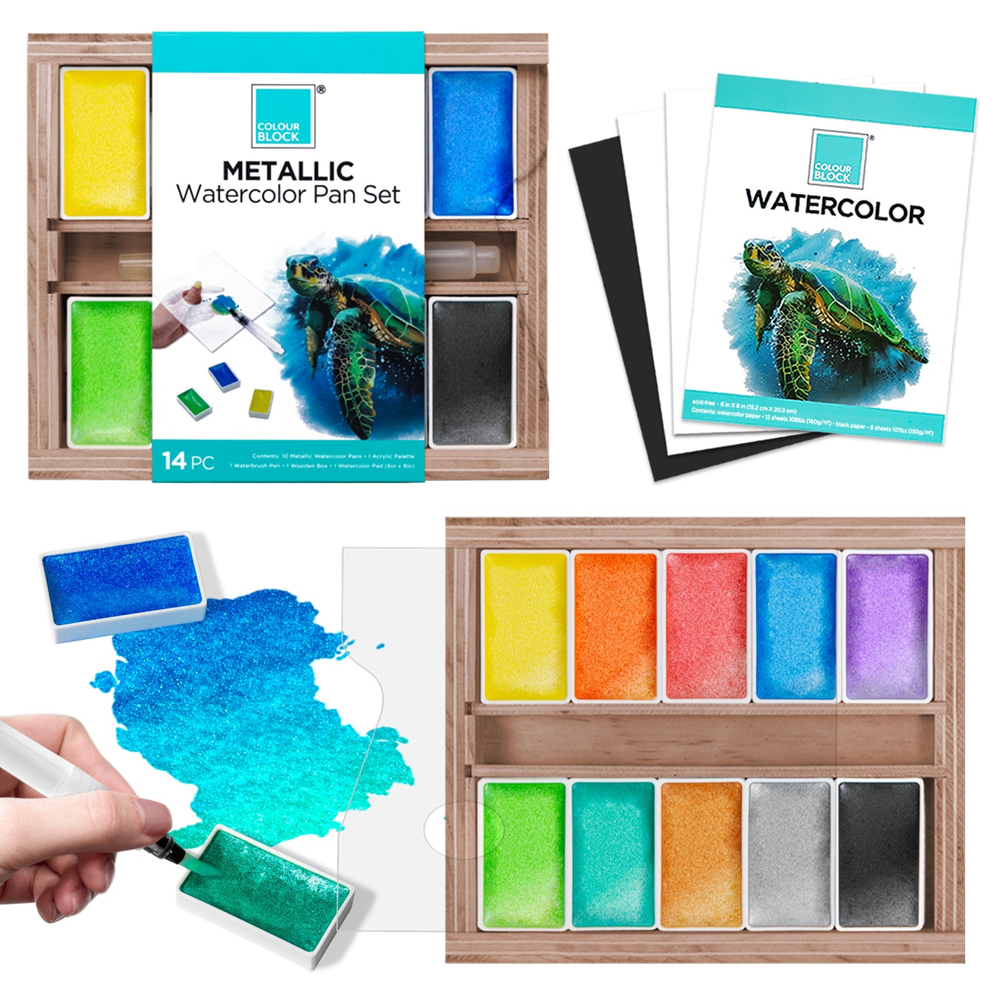 【COLOUR BLOCK】14PCS 金屬色半乾木盒水彩
